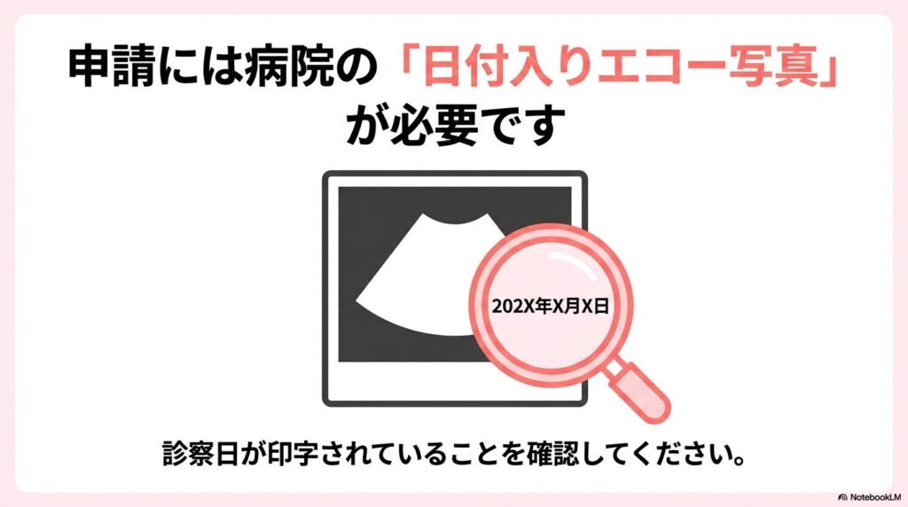 申請には病院の日付入りエコー写真が必要です。
