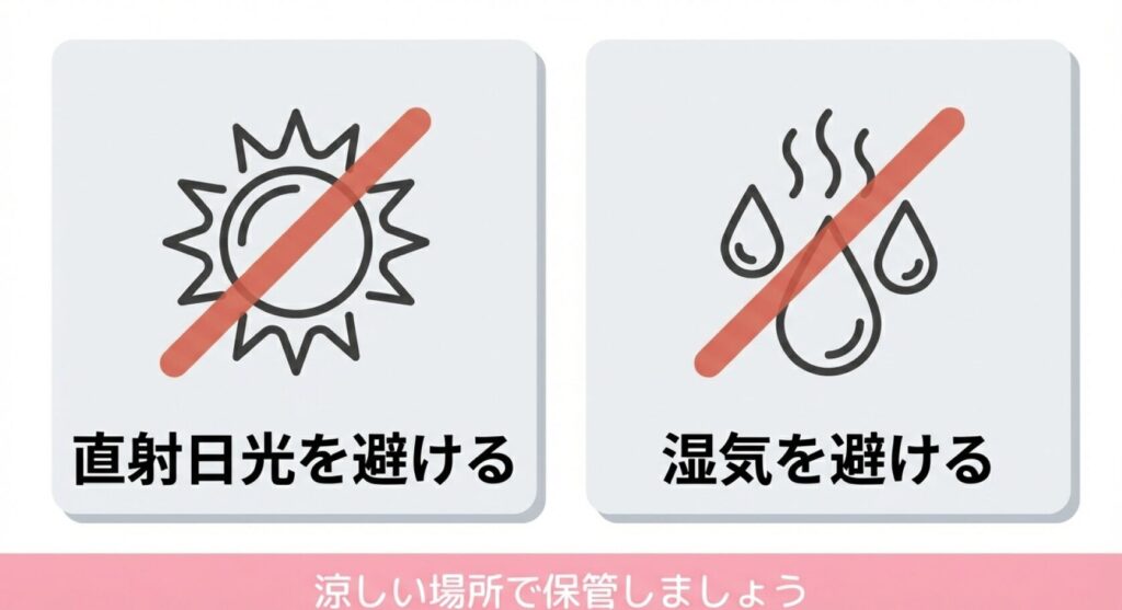 ピンクゼリーの保管において直射日光と湿気を避けるべき理由の図解