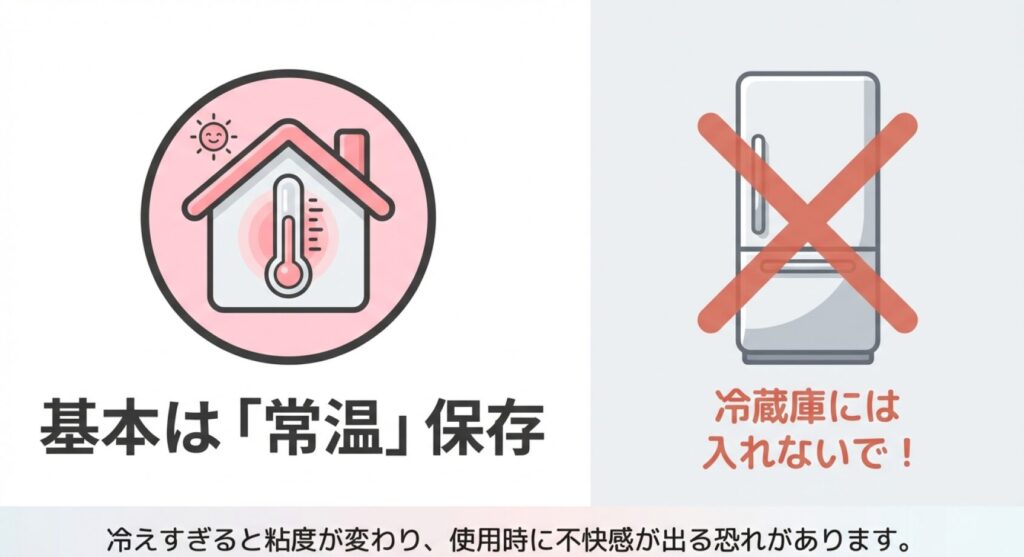 ピンクゼリーは常温保存が基本であり、冷蔵庫での保管は避けることの図解