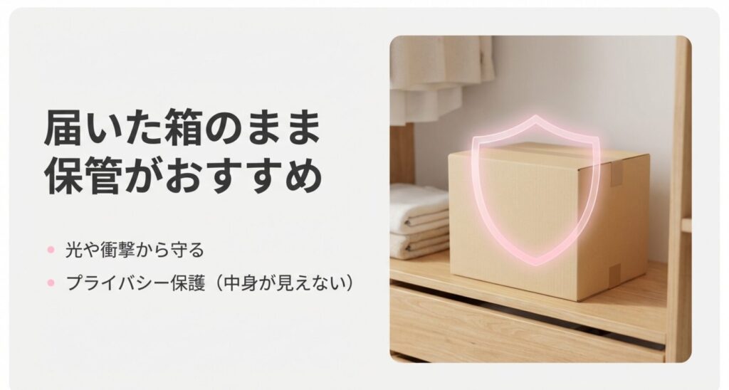 光や衝撃から守るために、届いた箱のまま保管する様子