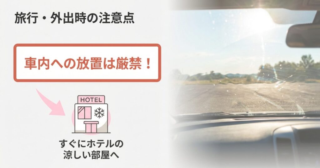 旅行や外出時に車内への放置を避け、すぐにホテルの涼しい部屋へ移動させる図解