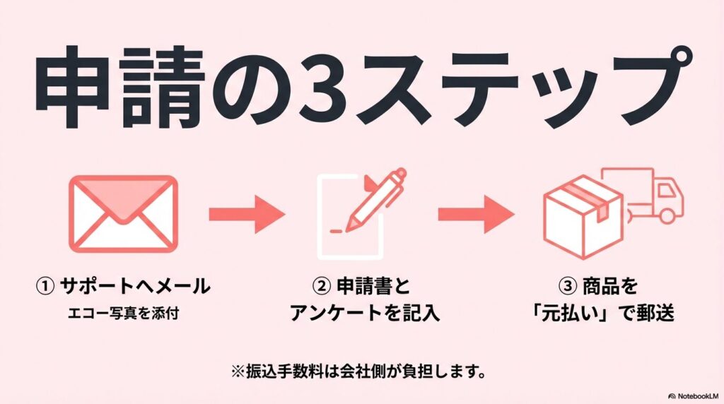 申請の3ステップ：1.サポートへメールしエコー写真を添付、2.申請書とアンケートを記入、3.商品を元払いで郵送。