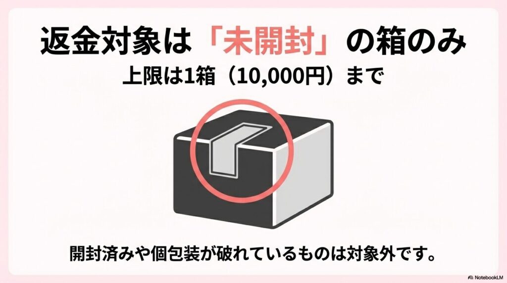 返金対象は未開封の箱のみ。上限は1箱（10,000円）まで。